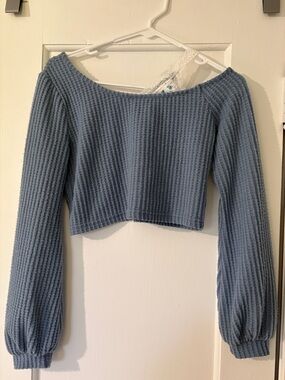 ROMWE Blue Off-the-Shoulder Waffle Knit Cropped Sweater